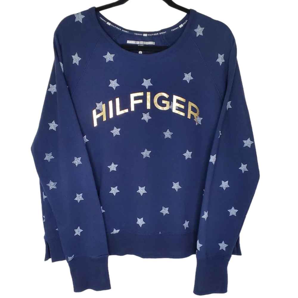 Tommy Hilfiger Sweatshirt Star Print Gold Logo Spellout Blue Thumbholes Sz XL